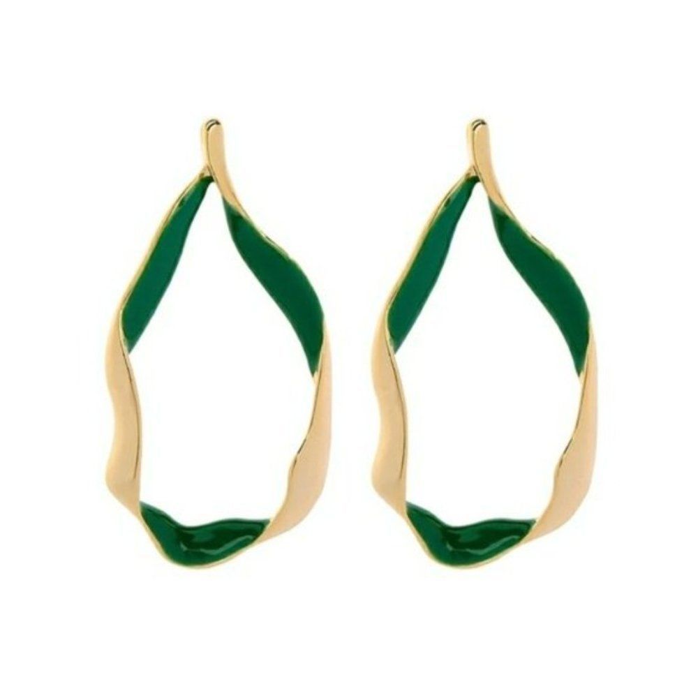Green Enamel Leaf Floral Gold Dangle Statement Earrings
